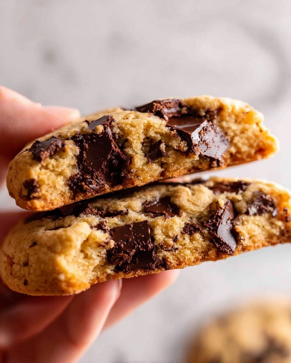 A close-up image shows a chocolate chip cookie broken into two pieces, held by a woman's hand on a white marbled background. The cookie has a golden brown color with large, dark chocolate chunks visible throughout both layers. The texture looks soft and slightly crumbly, with the inside showing a moist, chewy appearance. Photo taken with an iphone --ar 4:5 --v 7