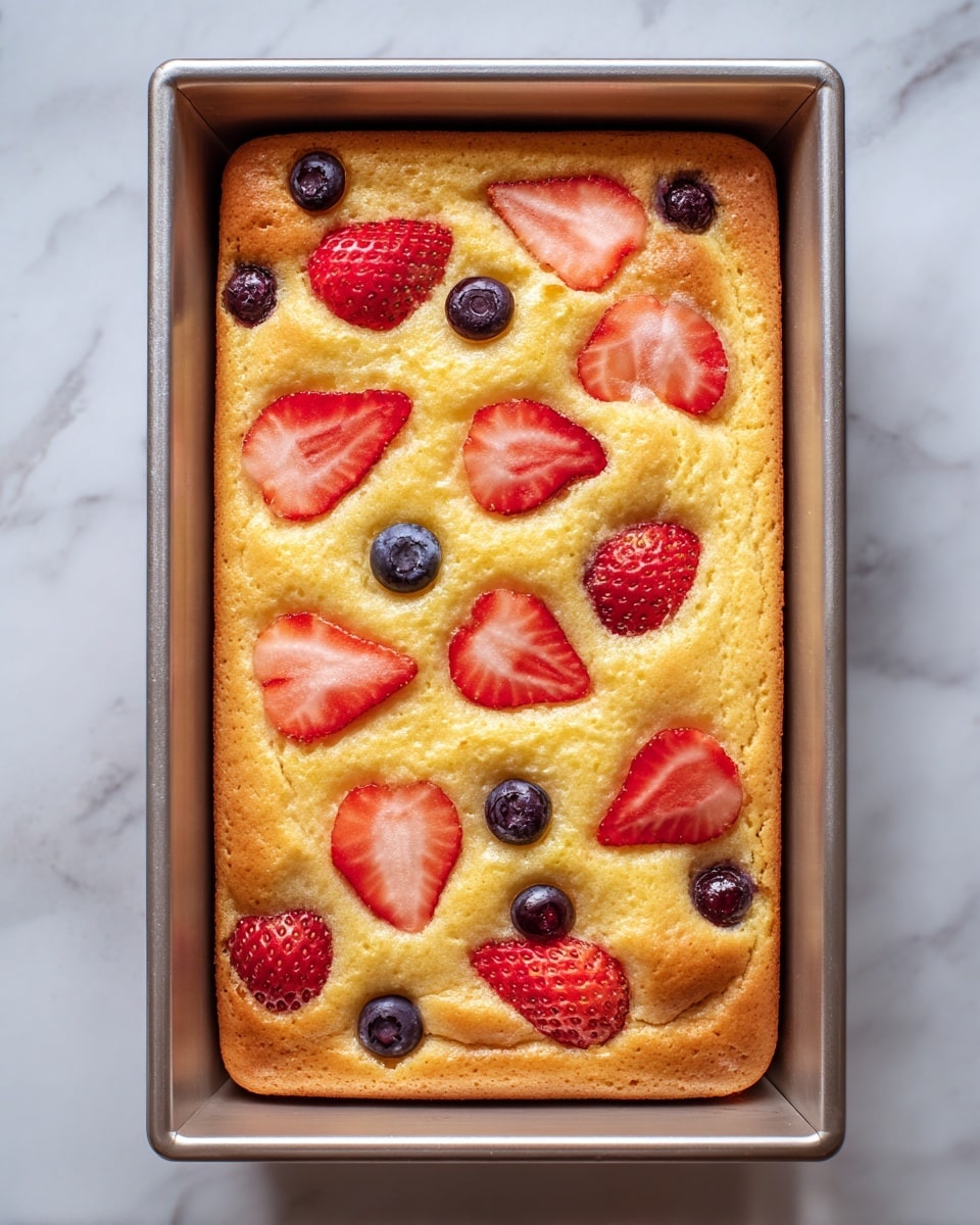 The image shows a rectangular metal baking tray filled with a golden yellow baked cake with a light brown top. The cake has many strawberry slices and a few blueberries baked into it, scattered evenly across the surface. The cake looks soft and fluffy with slightly raised edges around the tray. The tray is placed on a white marbled surface. photo taken with an iphone --ar 4:5 --v 7