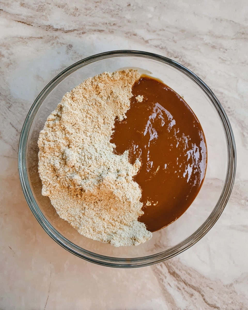 A clear glass bowl shows two layers inside: one side is light beige powder with a grainy texture, and the other side is smooth, shiny brown paste covering almost half of the powder. The bowl is placed on a white marbled surface, and the photo is taken from above, clearly showing the contrast between the powder and the paste inside the bowl photo taken with an iphone --ar 4:5 --v 7