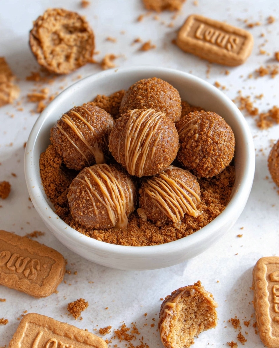 The image shows several round cookie balls with a rough crumbly texture, covered in a layer of crushed brown crumbs. Each cookie ball is drizzled with a thin stream of smooth caramel-colored sauce across the top. They rest on a white marbled surface with scattered crumbs around them. At the bottom of the image, there is a rectangular brown biscuit with the word