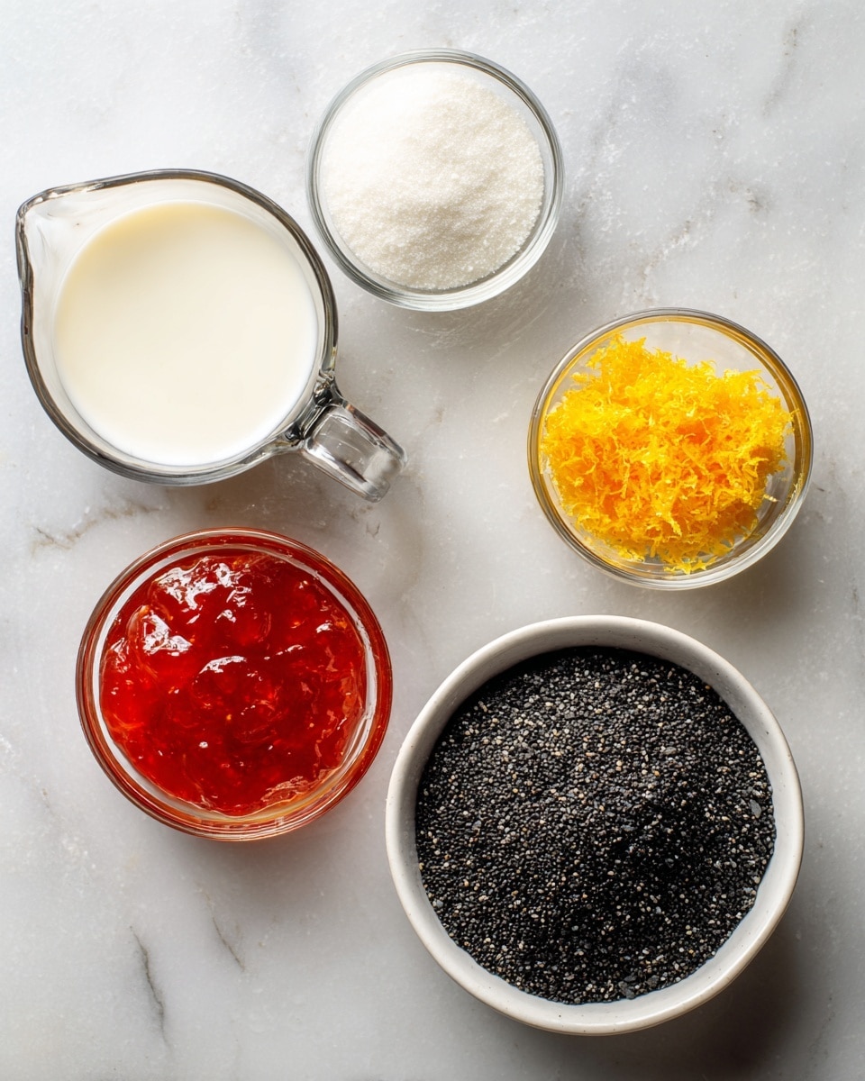 The image shows five different ingredients arranged on a white marbled surface. On the bottom right, there is a white bowl filled with finely ground black poppy seeds. Above it, a transparent glass bowl contains white sugar grains. To the left of the sugar, a small clear glass bowl holds a shiny, smooth red jam. Above the jam, there is a small silver container filled with bright yellow lemon zest. On the bottom left, a clear glass measuring cup contains a white liquid, which is milk. Each item is clearly separated and labeled with bold black text over a light grey background. Photo taken with an iphone --ar 4:5 --v 7