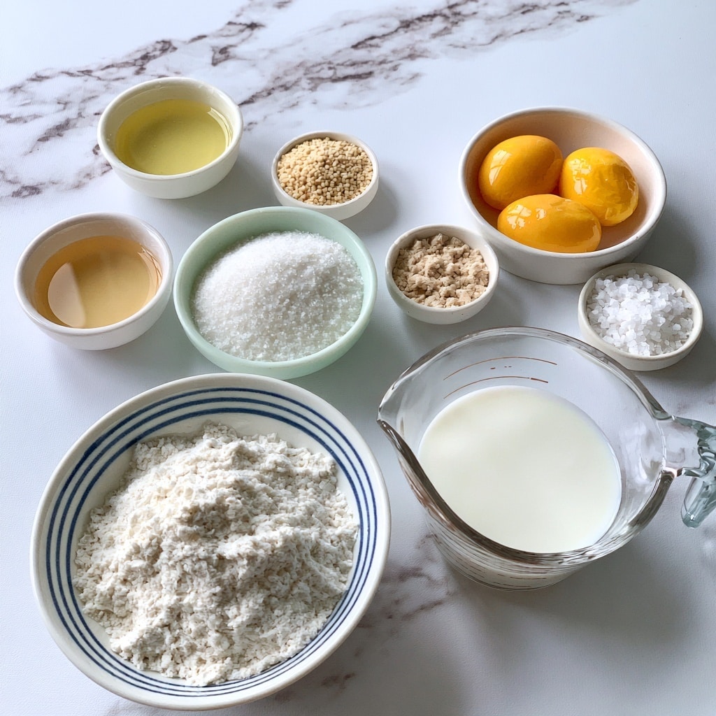 The image shows seven small bowls and a measuring cup arranged on a white marbled surface. In the front left, a white bowl with blue stripes holds a heap of white flour. To its right, a clear glass measuring cup with white milk is placed. Behind these, from left to right, there is a small white bowl filled with light yellow oil, a light green bowl full of white granulated sugar, a tiny white bowl with beige yeast granules, a white bowl containing three bright yellow egg yolks, and another small white bowl with coarse white salt. Each ingredient is separated in its own container, arranged neatly with clear labels. Photo taken with an iphone --ar 4:5 --v 7