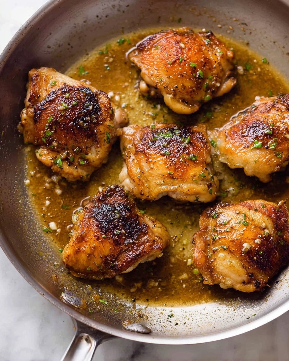 The image shows six pieces of golden brown cooked chicken thighs in a silver frying pan. Each piece has a crispy, slightly charred skin with some green herb bits on top. The chicken sits in a shallow layer of brown sauce with small bits of garlic or seasoning visible throughout. The pan is on a white marbled surface, emphasizing the rich color of the chicken and sauce. photo taken with an iphone --ar 4:5 --v 7