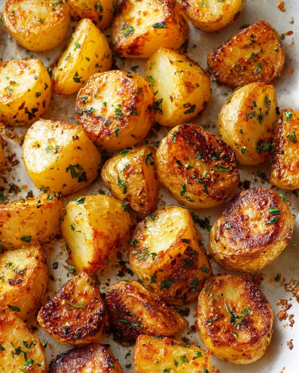 The image shows many pieces of roasted potatoes in a pan. Each piece is golden brown on one side with a crispy texture and light yellow on the other sides. Some pieces are sprinkled with green herbs, creating a speckled look on top. The potatoes are irregularly shaped and placed close together, with steam rising around them. The background is a white marbled texture. photo taken with an iphone --ar 4:5 --v 7