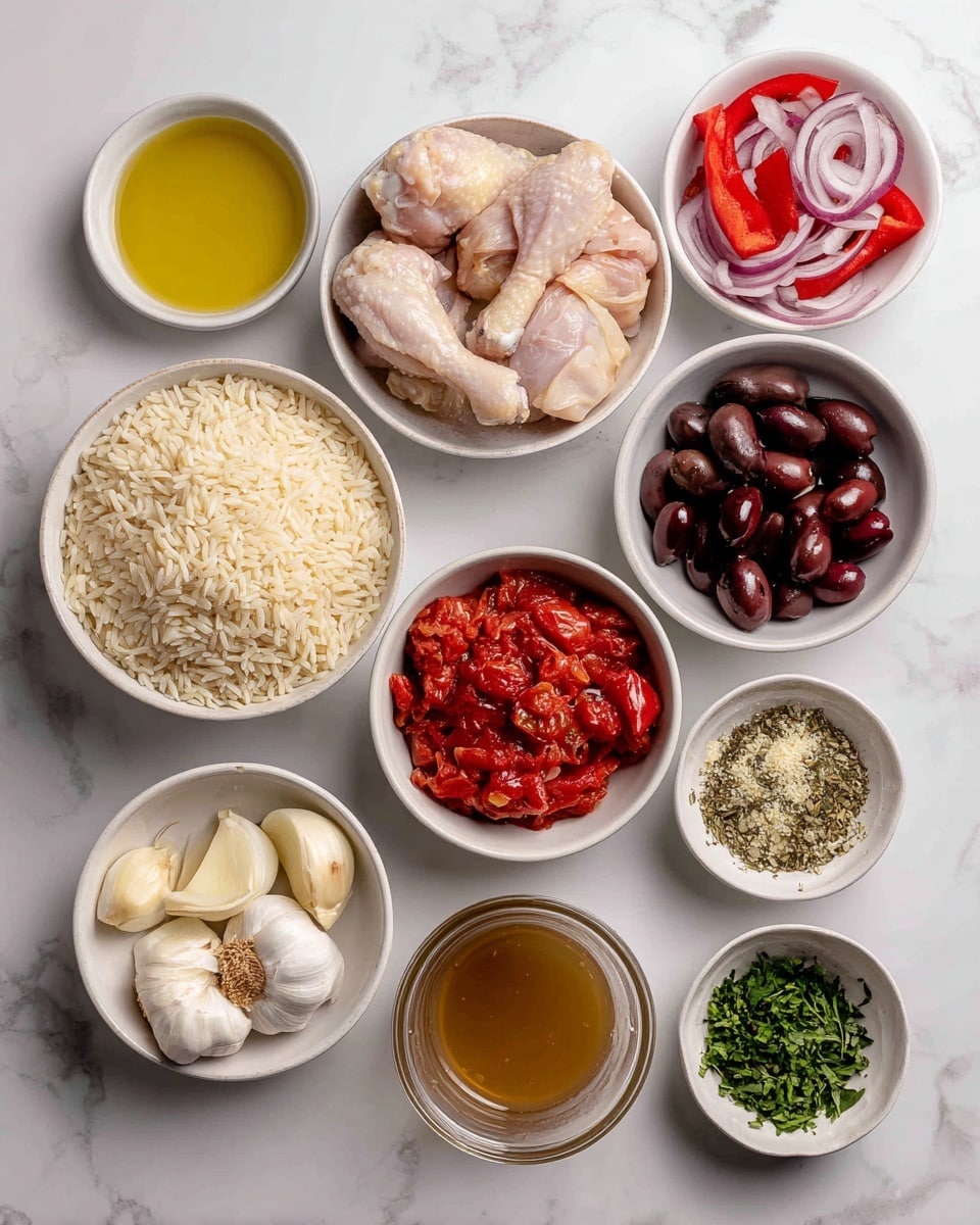 The image shows several small white bowls arranged on a white marbled surface, each filled with different cooking ingredients clearly labeled in red text. The top row has a bowl of golden olive oil, a bowl with raw chicken thigh and drumstick pieces with pale pink skin, and a bowl containing sliced red onion rings and small red bell pepper pieces. Below them is a large white bowl filled with long grain rice, to its right a bowl of shiny dark pitted olives, and next to that cloves of creamy white garlic and a small bowl of sun-dried tomatoes in deep red color. Below these are a bowl with bright red canned chopped tomatoes, a transparent glass container filled with amber-colored chicken stock, and a bowl of finely grated pale yellow Parmesan cheese. There are also two small bowls containing dried green herbs labeled as dried basil and dried oregano, and lastly a bowl of fresh green parsley leaves. The bright, clean setup emphasizes the different colors and textures of each ingredient photo taken with an iphone --ar 4:5 --v 7