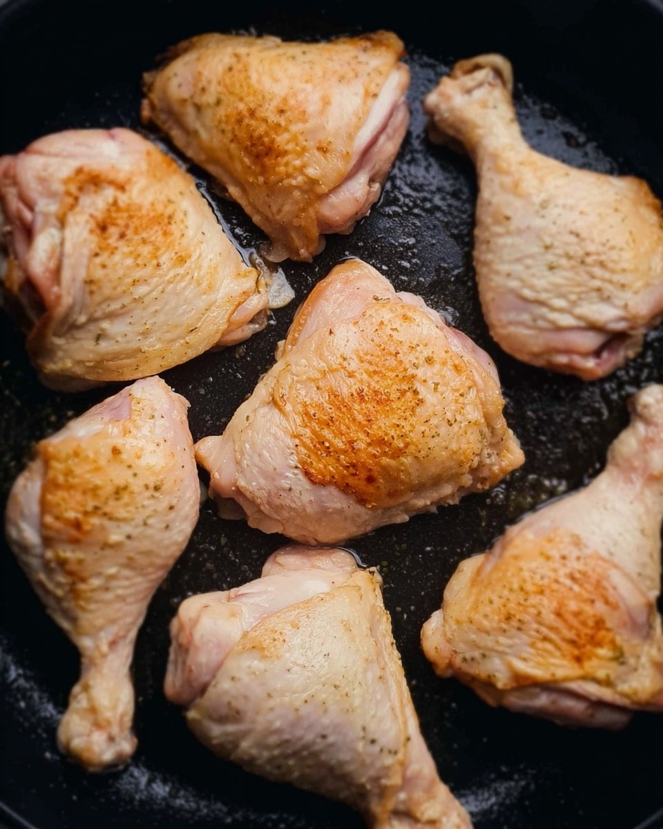 The image shows seven pieces of partly cooked chicken with lightly browned skin, arranged on a black pan surface. There are four pieces of chicken thighs and three drumsticks, each showing a mix of pale pink and golden-brown colors with a slightly shiny, moist texture from cooking. The pan’s dark surface contrasts with the chicken, highlighting the seared spots on each piece as they cook together. Photo taken with an iphone --ar 4:5 --v 7