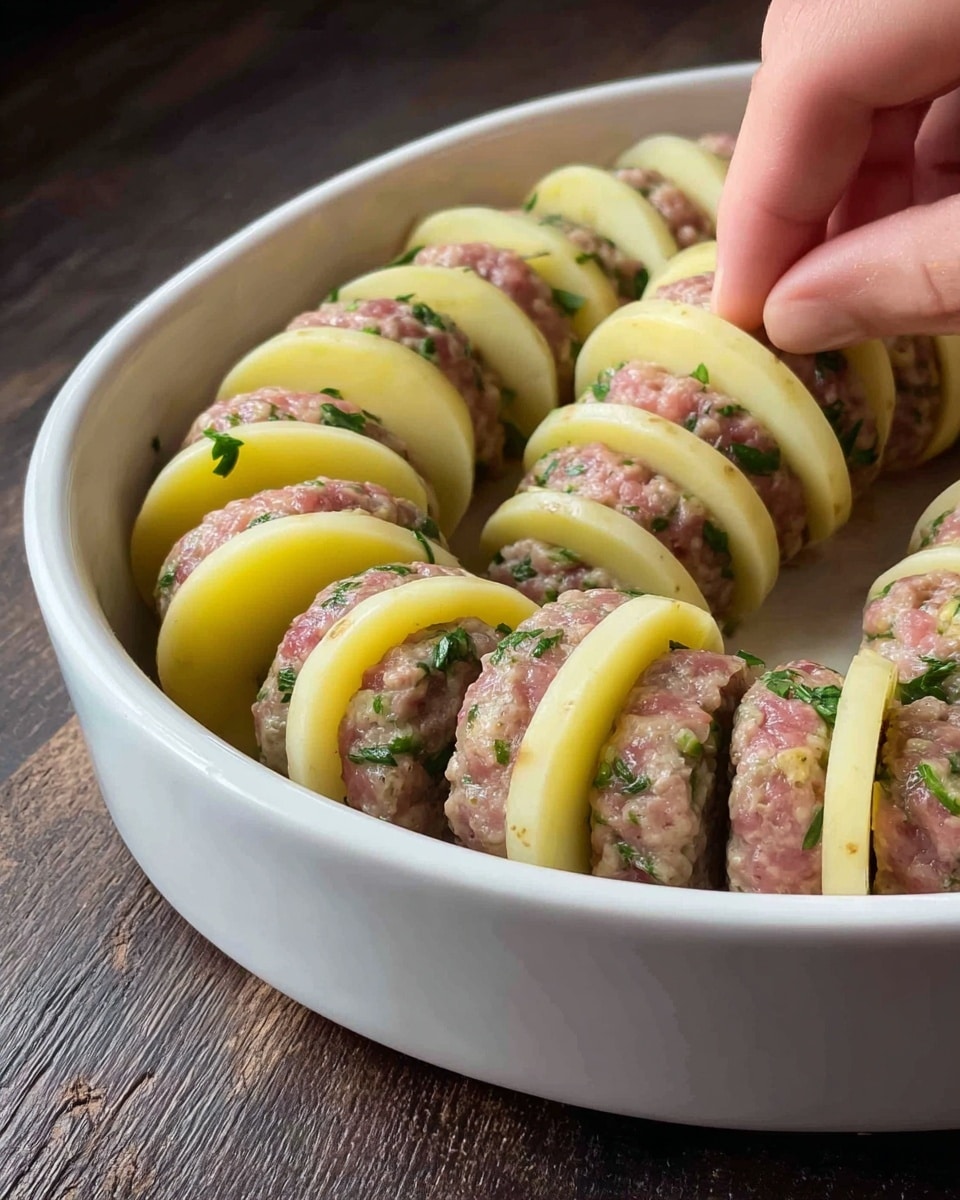 A white oval dish holds several rows of alternating layers of round, pale yellow sliced potatoes and raw ground meat patties mixed with green herbs. The layers are arranged standing upright in a neat, circular pattern around the dish. A woman's hand is placing a potato slice between two meat patties near the edge of the dish. The dish sits on a dark wooden surface. The colors show the natural raw meat’s pink and green specks, and the smooth texture of the potato slices with a firm shape. Photo taken with an iphone --ar 4:5 --v 7