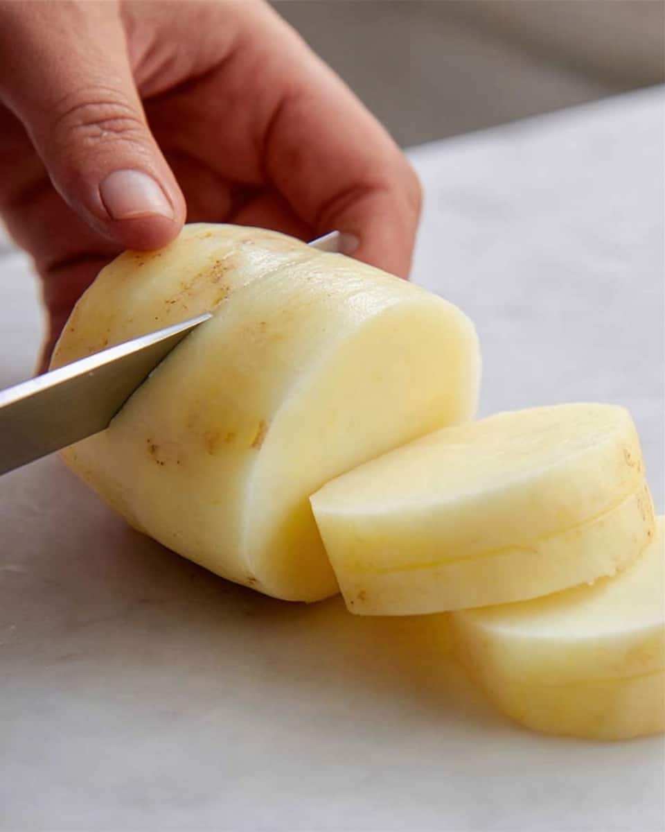 The image shows a peeled potato being sliced into thick round pieces with a knife. The potato is pale yellow with a smooth, slightly shiny surface. A woman's hand holds the potato steady on a white marbled surface while another hand slices through it with a sharp silver knife. The focus is close, showing clear details of the potato's texture and the clean cut being made. photo taken with an iphone --ar 4:5 --v 7