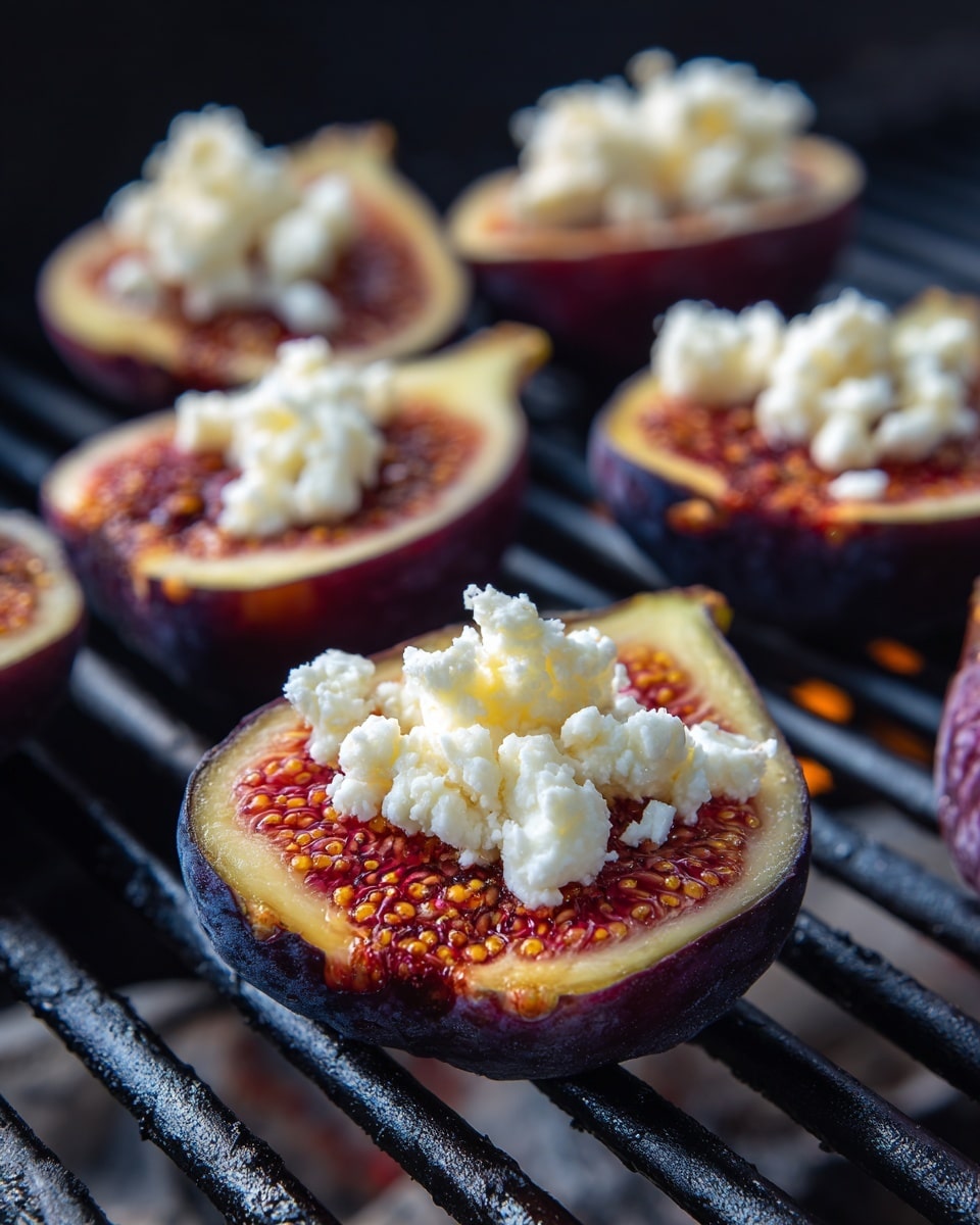 The image shows several small figs that are smashed open and placed on a wooden board. Each fig is dark purple on the outside with a soft, light yellow and pink inside that looks juicy. White creamy cheese fills the center of the figs, contrasting with the rich colors of the fruit. Small green herbs like rosemary are sprinkled on top, adding texture and a touch of green color. The board has a natural wooden texture, and some salt crystals are scattered around the figs, giving a fresh look. The scene is close-up, showing details of the figs and toppings clearly, photo taken with an iphone --ar 4:5 --v 7