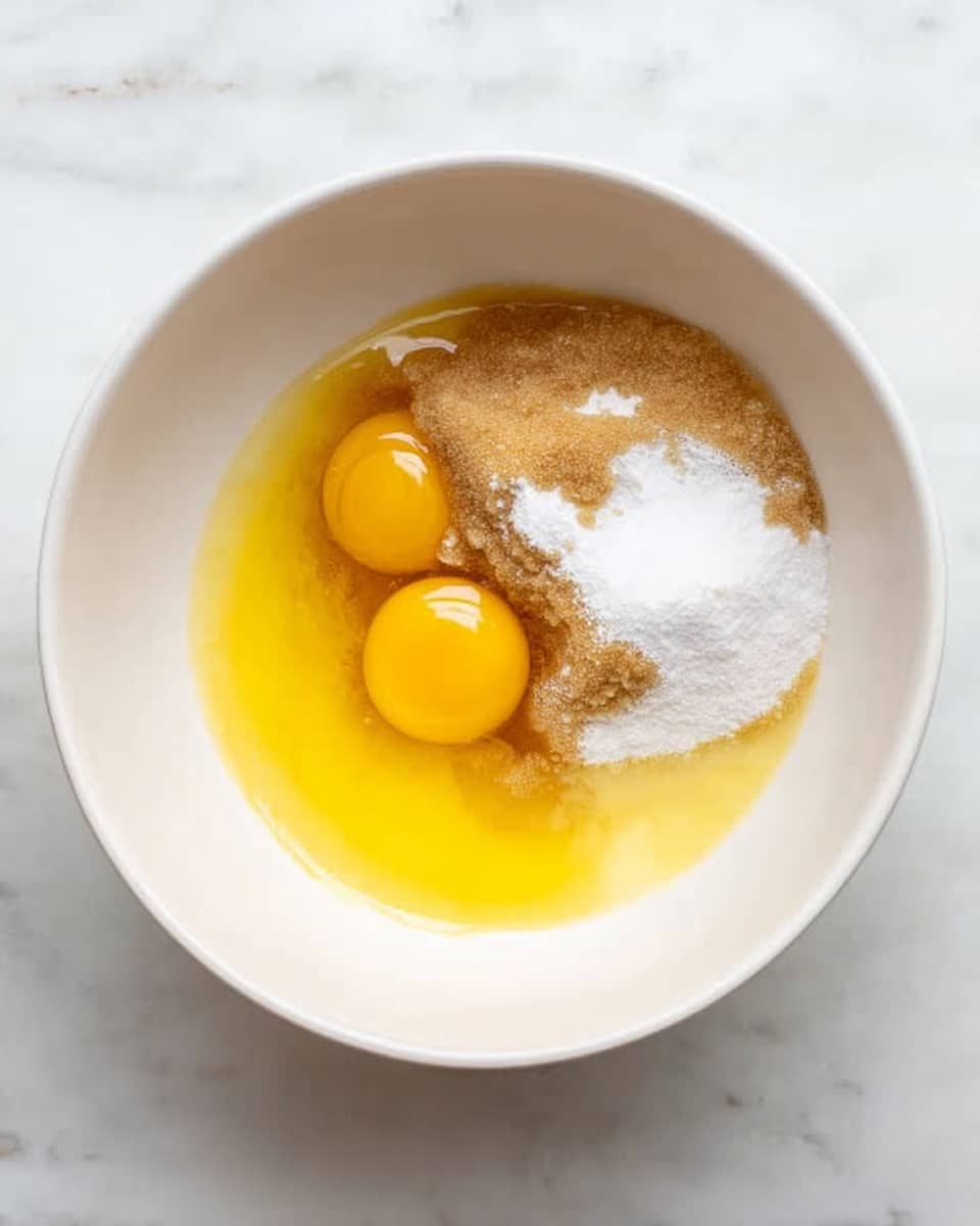 A white bowl sits on a white marbled surface, filled with several unmixed ingredients. In the bowl, there are two bright yellow egg yolks, a mound of white granulated sugar, light brown soft substance resembling mashed banana, and a large pool of melted yellow butter. The ingredients are clearly separated, showing distinct colors and textures, with the smooth shiny butter surrounding the powdered sugar and eggs. Photo taken with an iphone --ar 4:5 --v 7