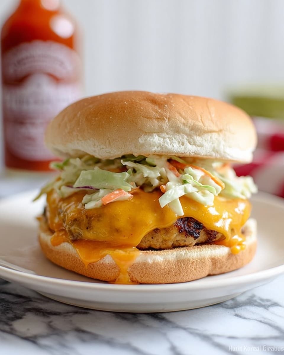 A burger with three layers on a white plate, placed on a white marbled surface. The bottom layer is a light toasted bun, followed by a thick cooked patty with a melted orange cheddar cheese slice that drapes over the edges. On top of the cheese is a mixture of creamy, light green and white coleslaw with small pieces of orange carrot. The top layer is a soft, lightly toasted bun. In the background, there is a blurred bottle of hot sauce. Photo taken with an iphone --ar 4:5 --v 7