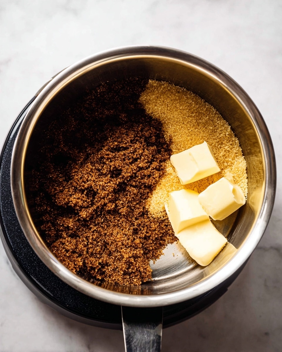 Inside a silver metal pot, there are two main layers: on the left side, a large pile of dark brown sugar with a grainy texture fills about two-thirds of the pot, while on the right side, three small cubes of pale yellow butter sit on a thin layer of clear, melted butter. The pot is set on a black cooking surface, and the background is a white marbled texture. photo taken with an iphone --ar 4:5 --v 7