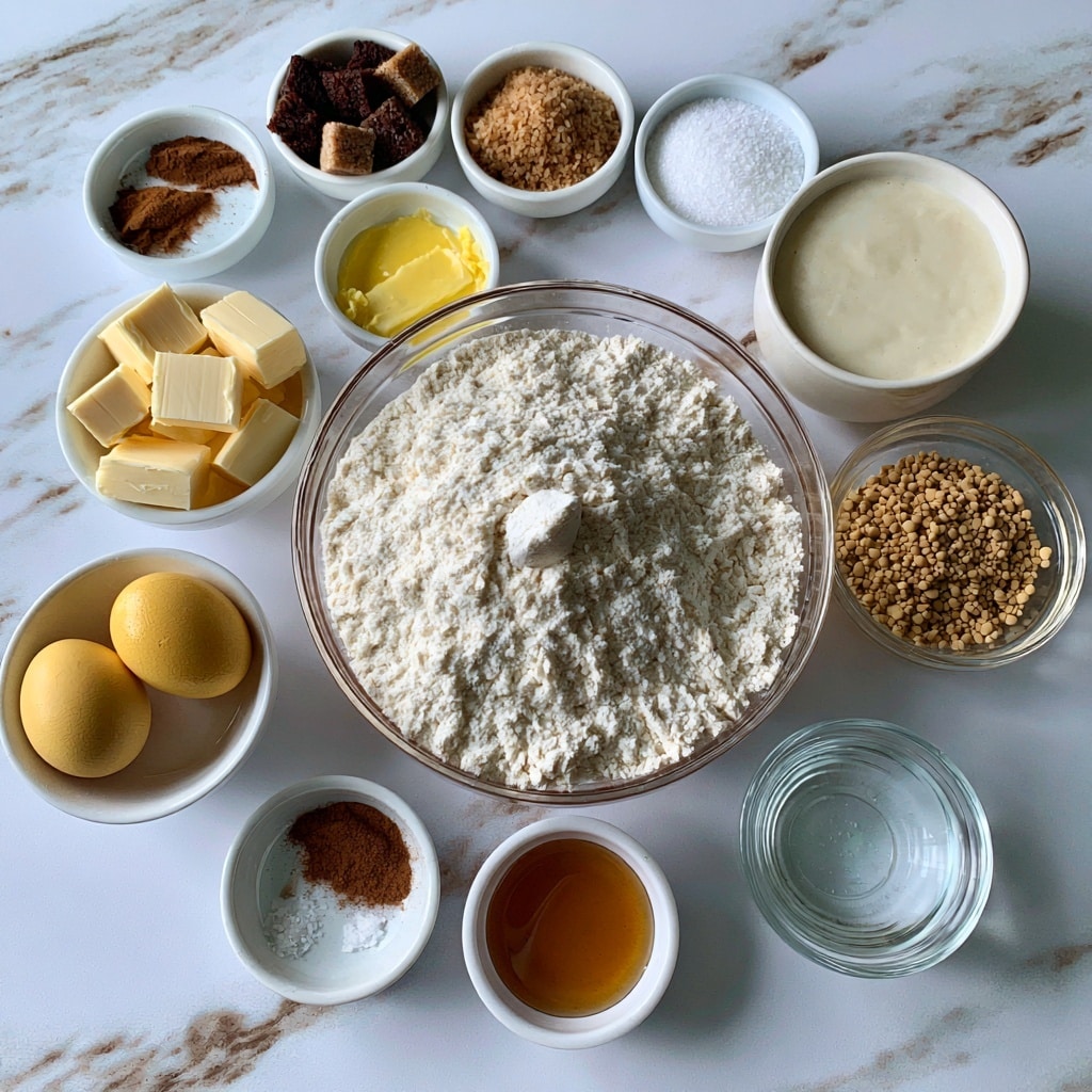 The image shows a white marbled surface with several clear and white bowls arranged neatly. In the center, a large clear bowl is filled with white bread flour, showing a slightly powdery texture with a small mound in the middle. Surrounding it are smaller bowls, including a white bowl with two yellow eggs, another white bowl containing cut cubes of pale yellow butter, and a clear bowl filled with light brown yeast granules. There is a white bowl of creamy half and half with a smooth surface. Several other small white bowls hold different ingredients: dark brown sugar, light brown sugar, white granulated sugar, small amounts of cinnamon powder, melted yellow butter, light amber corn syrup, clear water, and a pinch of salt. Each ingredient is labeled clearly, and the bowls are arranged in a balanced, organized way across the surface. photo taken with an iphone --ar 4:5 --v 7