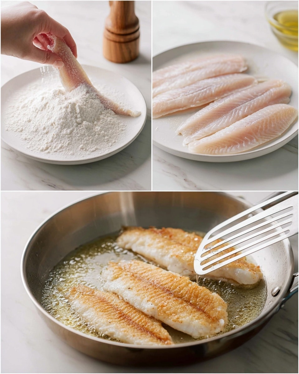 The image shows three parts of cooking fish fillets. In the first part, a woman's hand is holding a raw fish fillet above a white plate covered with white flour, while a wooden pepper grinder is in the background on a white marbled surface. The second part shows four pale pink fish fillets frying in hot oil in a silver pan, with a white plate holding more raw fillets blurred in the background on a white marbled surface. The third part captures a close-up of two golden-brown cooked fish fillets in the same silver pan, with a metal spatula lifting one fillet to show its crispy texture. The whole scene is set on a white marbled surface and looks bright and clean. photo taken with an iphone --ar 4:5 --v 7