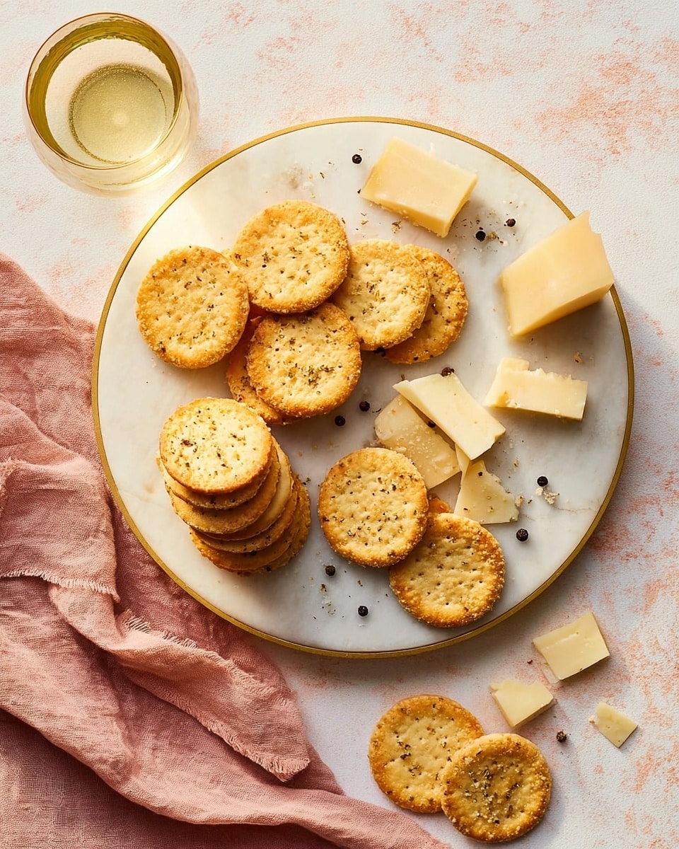 A white marbled round board with a gold rim holds two groups of golden-brown round crackers stacked and scattered. Small irregular chunks of pale yellow cheese surround the crackers, with some scattered black peppercorns nearby. A glass with a light yellow drink sits near the upper left edge of the board on a white marbled textured surface. A soft dusty pink cloth is placed on the lower left corner under the board. photo taken with an iphone --ar 4:5 --v 7