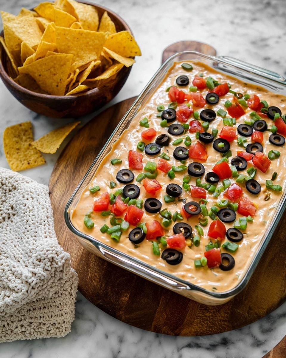 A clear glass rectangular dish holds a layered dip with a smooth, creamy, light orange top layer. On top, there are evenly spread pieces of black olive rings, small red tomato chunks, and chopped green onions, creating a colorful pattern. The dish is placed on a round wooden board, next to a dark wooden bowl filled with light yellow corn tortilla chips. A white textured towel is nearby, all set on a white marbled surface. Photo taken with an iphone --ar 4:5 --v 7