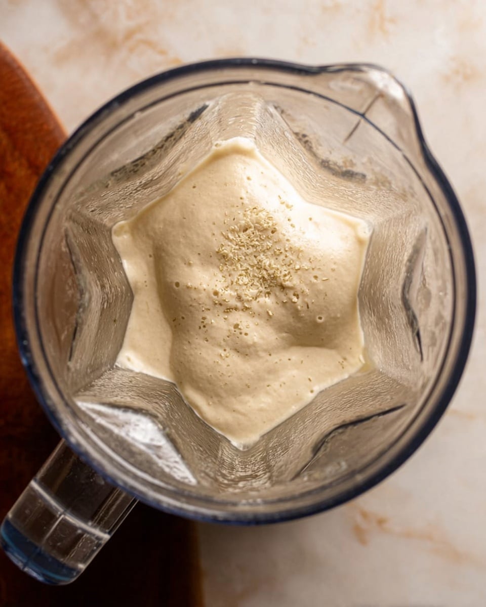 A clear blender jug is shown from above filled with a thick creamy mixture of light beige color. The mixture has a smooth but slightly grainy texture with some small air pockets visible on the surface. The jug’s sharp edges and geometric contours are clear and shiny, reflecting soft light. The blender sits on a surface with a white marbled texture. Photo taken with an iphone --ar 4:5 --v 7