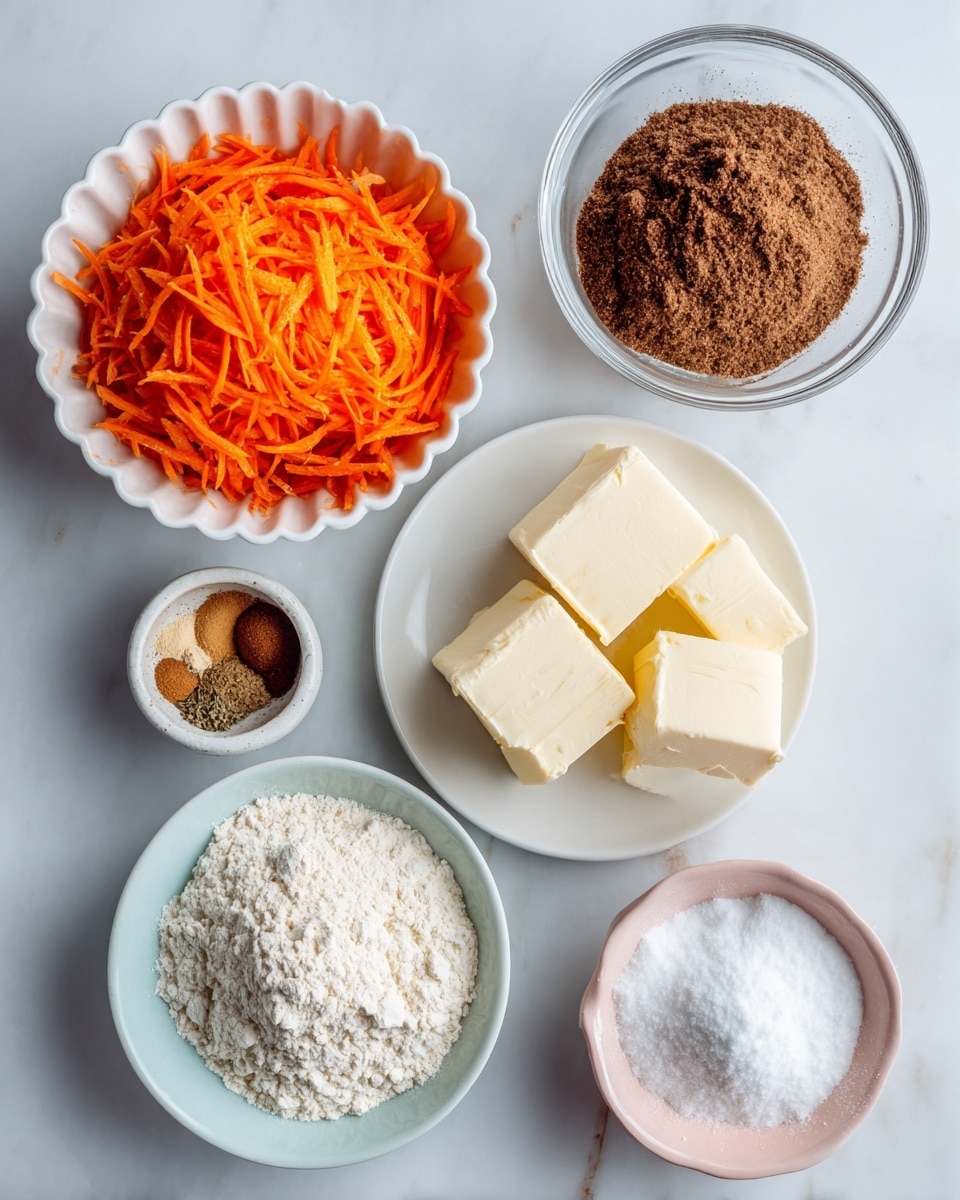 The image shows six bowls with different ingredients placed on a white marbled surface. On the left bottom is a white fluted bowl filled with bright orange shredded carrots. Above it is a clear glass bowl full of fine white flour. On the right top corner is a plain white bowl heaped with dark brown sugar. Below it is a small white plate with five chunks of vegan butter, pale yellow in color. Next to the vegan butter, slightly below, is a small light blue bowl containing three kinds of ground spices in shades of brown. At the bottom right corner, there is a small pink bowl holding a mound of white baking soda. photo taken with an iphone --ar 4:5 --v 7