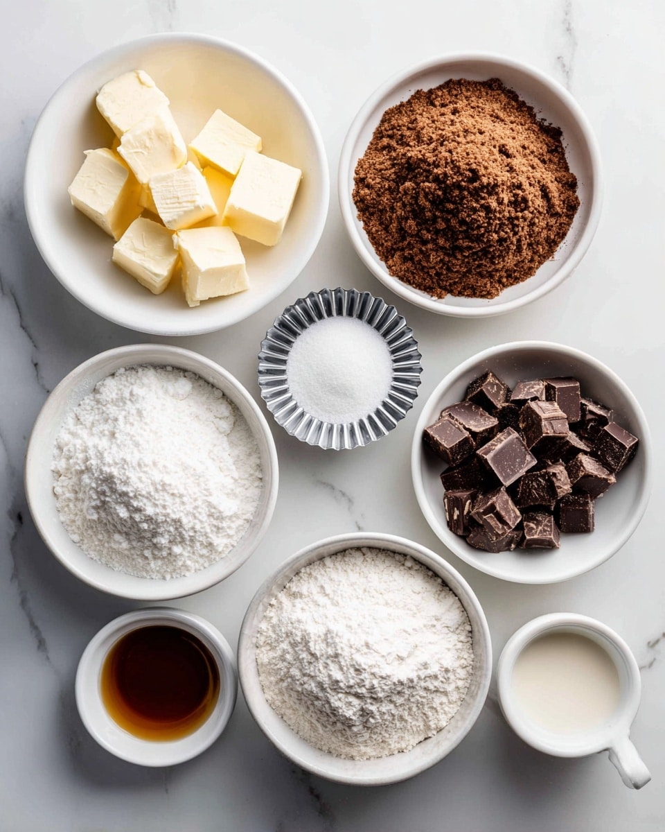 Seven small white round bowls are arranged on a white marbled surface. Each bowl holds a different ingredient: one has light yellow vegan butter cubes, another is filled with crumbly brown sugar, the next contains fine white flour, while one holds dark brown dairy-free chocolate pieces of chips and chunks. A small white bowl has a clear light brown drop of vanilla, another white bowl includes light beige dairy-free milk, and a small metal fluted tin sits in the center with white baking soda powder. Each bowl is clearly labeled with black text on white tags. photo taken with an iphone --ar 4:5 --v 7