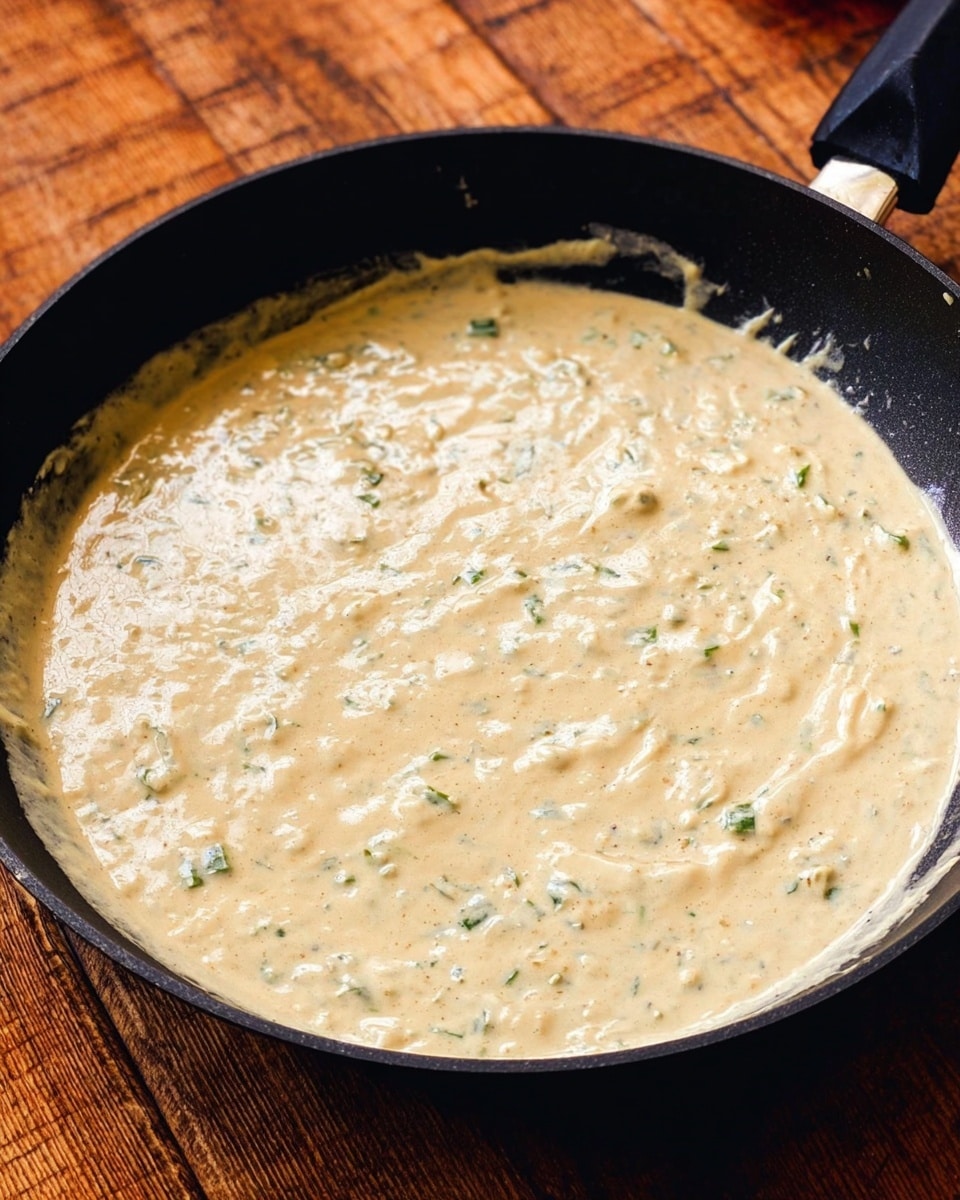 A black frying pan filled with a thick, creamy, light beige sauce with small green and off-white bits mixed throughout its smooth texture. The sauce covers the bottom and sides of the pan unevenly, showing some swirl marks and small lumps. The pan rests on a wooden table with visible grain patterns. photo taken with an iphone --ar 4:5 --v 7