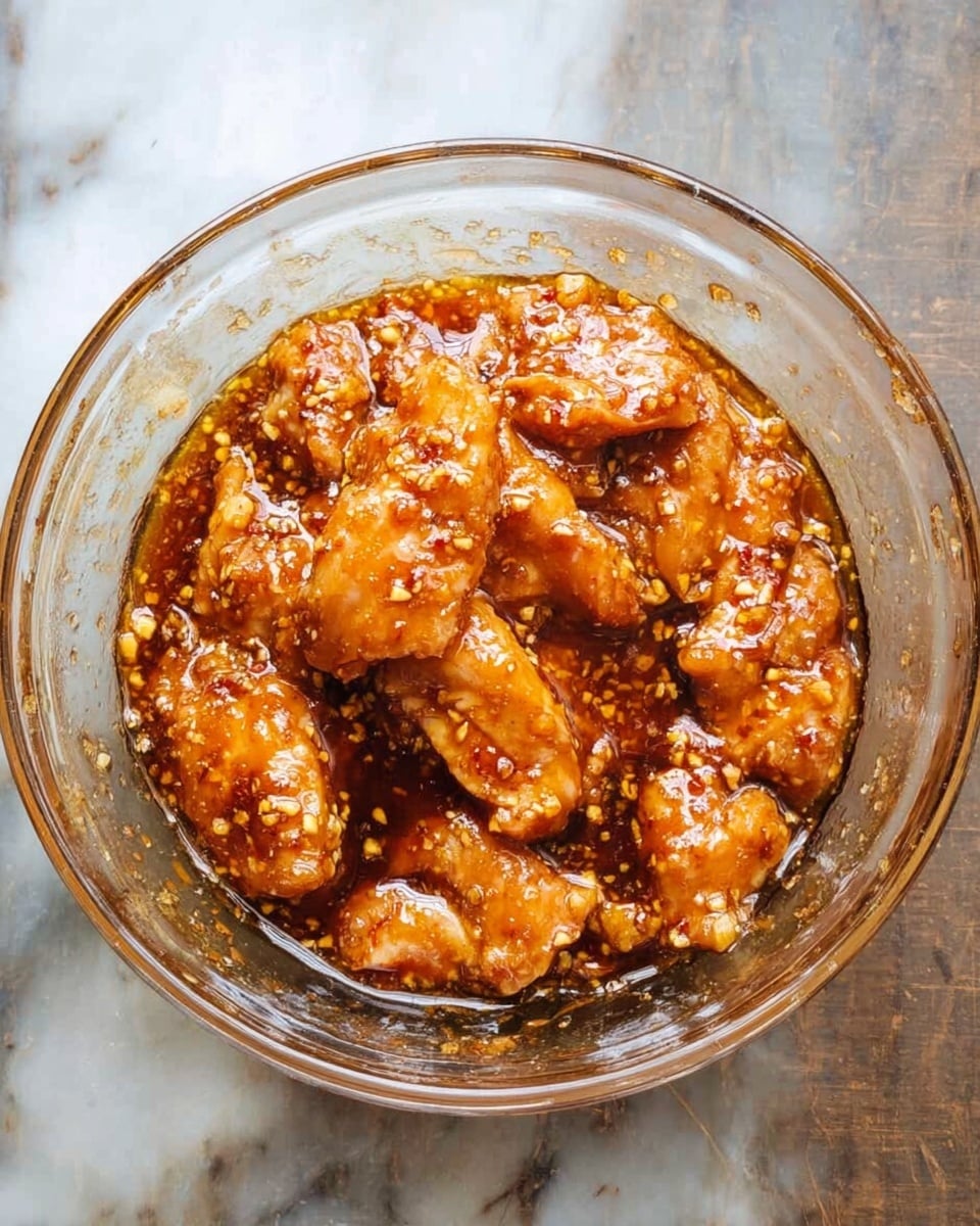 A clear glass bowl filled with several pieces of raw chicken coated in a thick shiny dark orange sauce with visible small bits of garlic and spices mixed throughout. The sauce covers each piece fully, creating a glossy texture. The bowl sits on a white marbled surface. photo taken with an iphone --ar 4:5 --v 7
