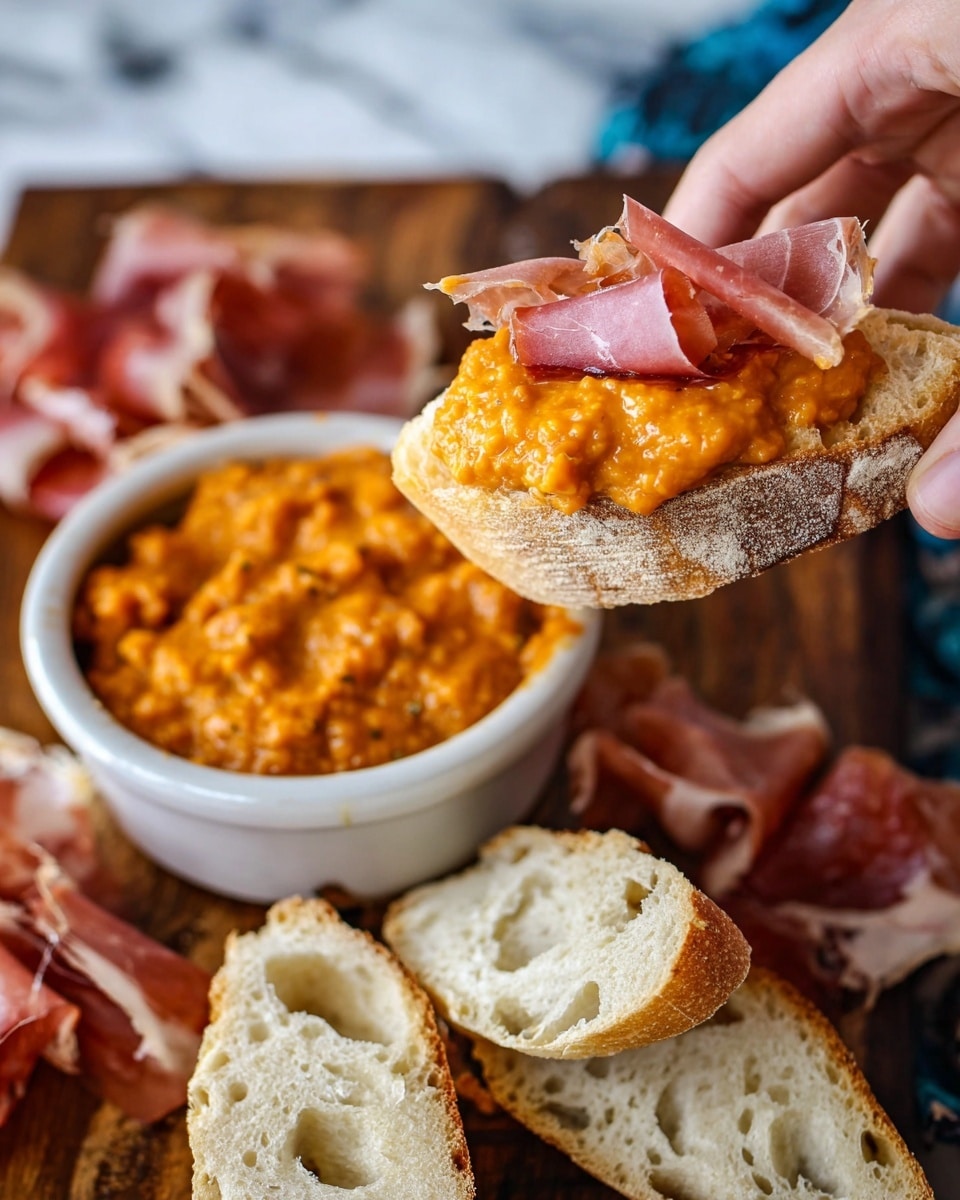 A woman's hand is holding a small piece of crusty bread topped with a thick, bright orange sauce with a chunky texture and a thin slice of pink, translucent cured meat slightly folded on top. In the background, there is a white bowl filled with more of the orange chunky sauce. Around the bread and bowl, scattered slices of the same cured meat and several pieces of white bread with airy holes and a crusty outside are placed on a dark wooden surface, which contrasts with the white marbled background. Photo taken with an iphone --ar 4:5 --v 7