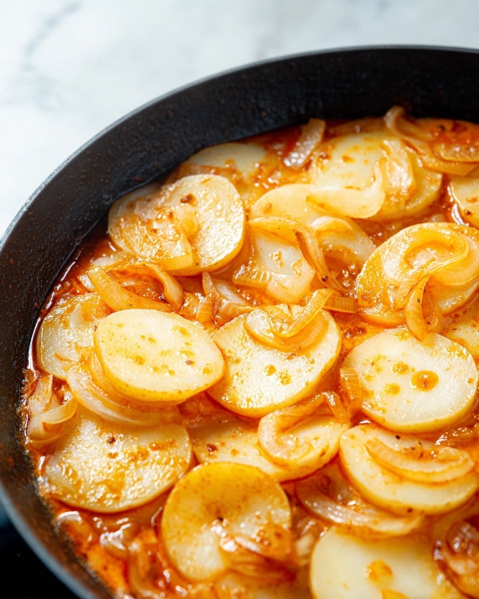 A close-up image of a single-layer dish in a black skillet showing thin, round slices of white potatoes cooked in a shiny orange-red sauce. The sauce has a smooth, slightly thick texture with visible oil spots on the surface. Scattered between the potatoes are caramelized, translucent onion slices with a light golden-brown color, some curling gently. The steam rising from the dish suggests it is hot and freshly cooked, set against a white marbled texture background. Photo taken with an iphone --ar 4:5 --v 7