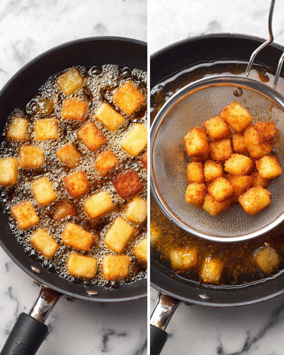 The image shows two steps of frying small potato cubes in hot oil inside a black frying pan. On the left side, the potato cubes are bubbling and frying in the oil, turning golden brown with a crispy texture. On the right side, a silver mesh strainer is lifting some of the golden, fried potato cubes out of the oil, showing their browned, crispy surfaces, while more cubes continue to fry in the pan below. The background and surface are a white marbled texture. Photo taken with an iphone --ar 4:5 --v 7