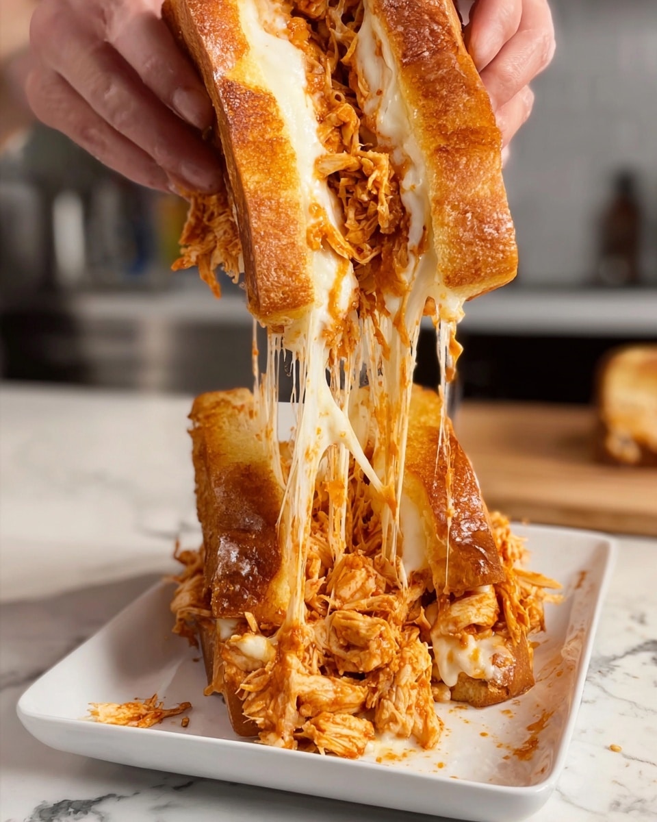 A close-up of a sandwich being pulled apart by two hands, showing several layers: the outer thick golden-brown toasted bread, a dense filling of shredded orange-colored seasoned chicken, and a thick layer of melted white cheese stretching long strings between the two sandwich halves. The sandwich sits on a white square plate on a white marbled surface, with a kitchen setting blurred in the background. photo taken with an iphone --ar 4:5 --v 7