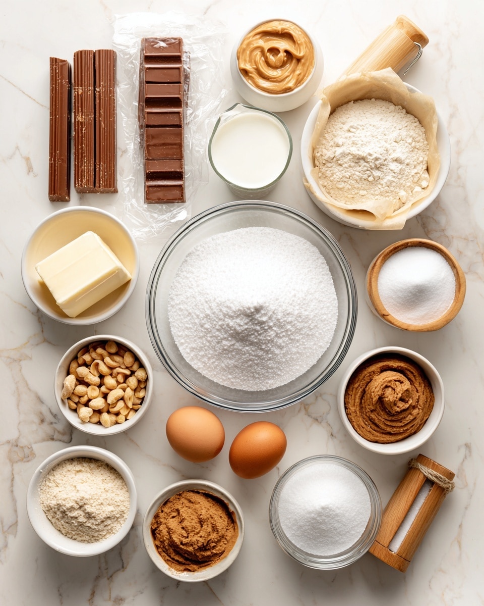 The image shows various ingredients neatly placed on a white marbled surface for a dessert recipe. In the center, there is a clear glass bowl filled with white sugar. Surrounding it are smaller white bowls and containers: one with white flour, one with cocoa powder, one with peanuts, one with caramel, and one with peanut butter. There is also a small glass with milk, a stick of butter next to two cracked eggs in a white bowl, a small bowl with baking powder, and a jar of marshmallow fluff. Several Snickers bars are placed on the top left side, and a wrapped pie crust is on the right side. A small wooden salt container is near the middle. The arrangement is clean and well organized. Photo taken with an iphone --ar 4:5 --v 7