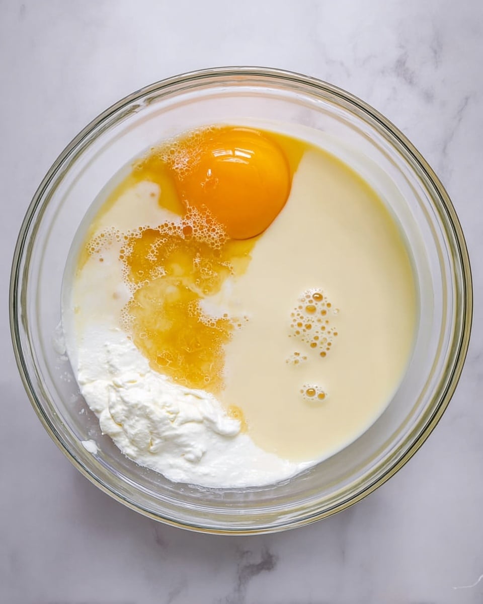 A clear glass bowl on a white marbled surface holds four main layers of ingredients: a large pool of light cream-colored milk on the right side with small bubbles on top, a bright yellow-orange egg yolk near the top left, a small cluster of translucent golden honey or syrup below the yolk, and a smaller section of thick white cream at the bottom left. The ingredients are unmixed, showing clear divisions between colors and textures. Photo taken with an iphone --ar 4:5 --v 7