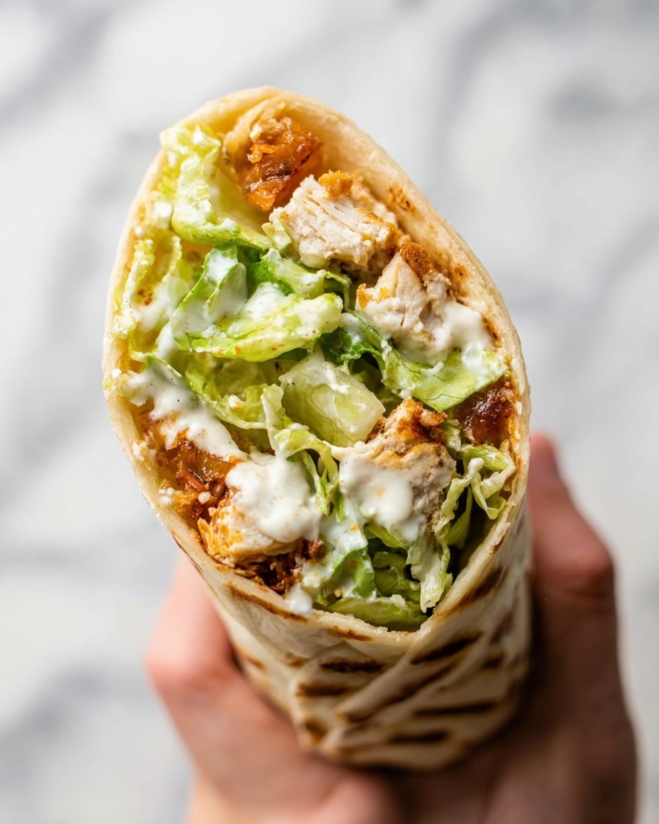 A close-up view of a wrap held by a woman's hand, showing four layers inside: the outermost layer is a light brown tortilla with grill marks, followed by a layer of green lettuce with a creamy white dressing on top, some small brown crispy pieces and chunks of white cheese scattered around, all held together inside the wrap. The background is a white marbled texture. photo taken with an iphone --ar 4:5 --v 7