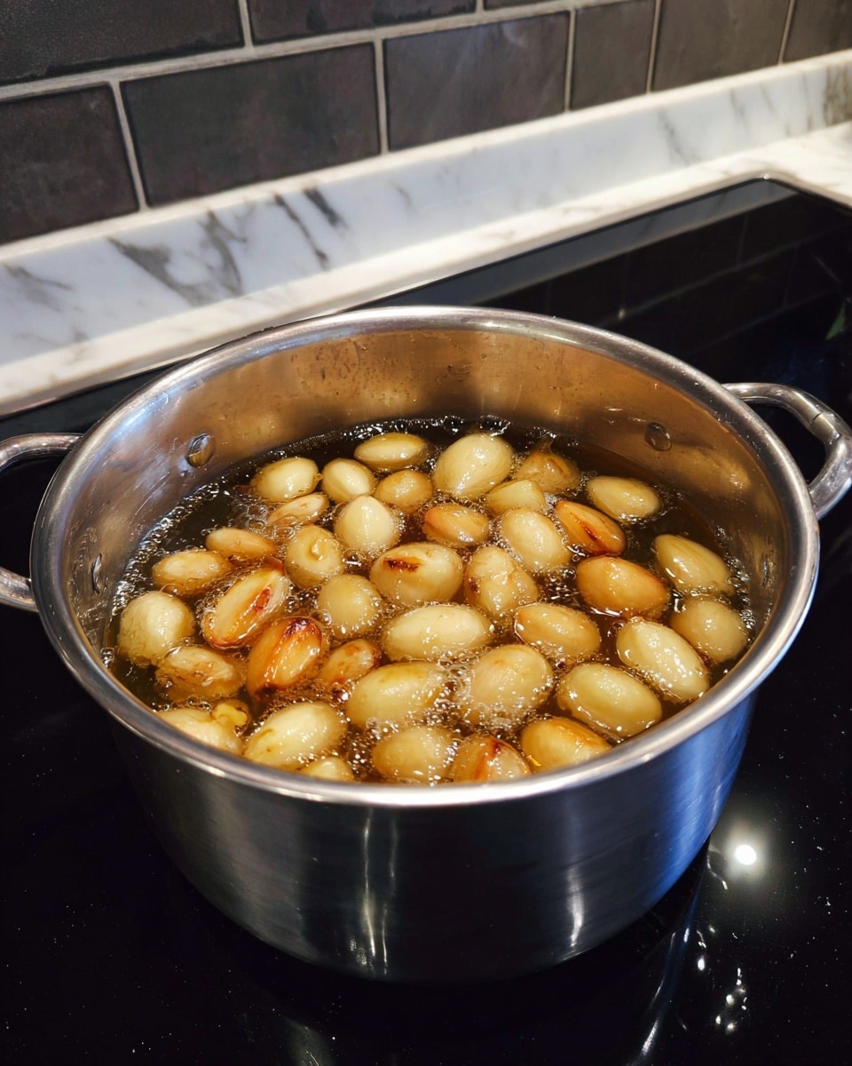 A silver pot filled with many golden brown cloves of garlic frying in hot oil, with a shiny surface and some small bubbles indicating heat; the pot sits on a black stovetop with a white marbled wall with dark tiles in the background. photo taken with an iphone --ar 4:5 --v 7