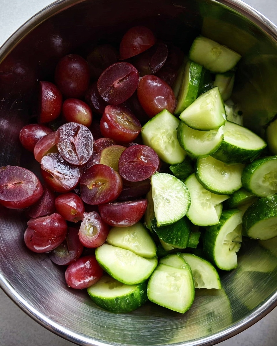 Inside a shiny steel bowl, there are two main layers of chopped fresh ingredients. One half is filled with halved red grapes showing juicy, translucent centers with a deep reddish-purple outer skin. The other half has thick slices of green cucumber with dark green skin and light green, watery, seed-filled insides. The two types of fruit and vegetable are side by side, creating a clear split of colors and textures. The photo taken with an iphone --ar 4:5 --v 7
