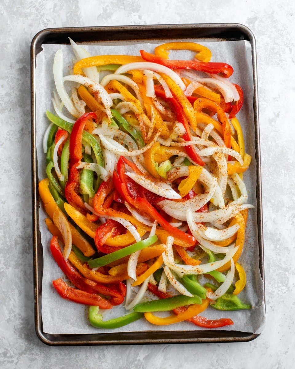 A single layer of sliced peppers and onions is spread across a baking tray lined with parchment paper. The peppers come in red, yellow, orange, and green colors, each with a smooth texture and bright, fresh look. Intermixed with the peppers are thin, circular slices of white onion, creating a mix of curved shapes and soft layers. The vegetables are lightly sprinkled with a brown spice powder, adding small specks all over. The tray sits on a white marbled textured surface. photo taken with an iphone --ar 4:5 --v 7