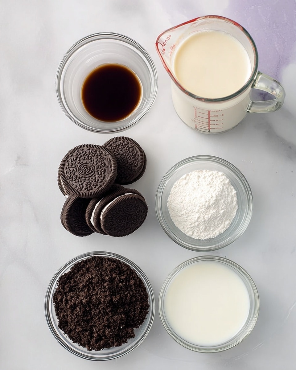 The image shows six clear glass containers with different ingredients placed on a white marbled surface. At the top right, there is a glass measuring cup filled with a light cream-colored liquid, likely cream. To its left is a small bowl with dark brown liquid, possibly vanilla extract. Below these two, there are four more bowls: one filled with whole chocolate sandwich cookies stacked, another with white powder sugar, another with finely crushed chocolate cookie crumbs, and the last one with a small amount of white milk. All the bowls are neatly arranged with the cookies and cream as the main focus. photo taken with an iphone --ar 4:5 --v 7