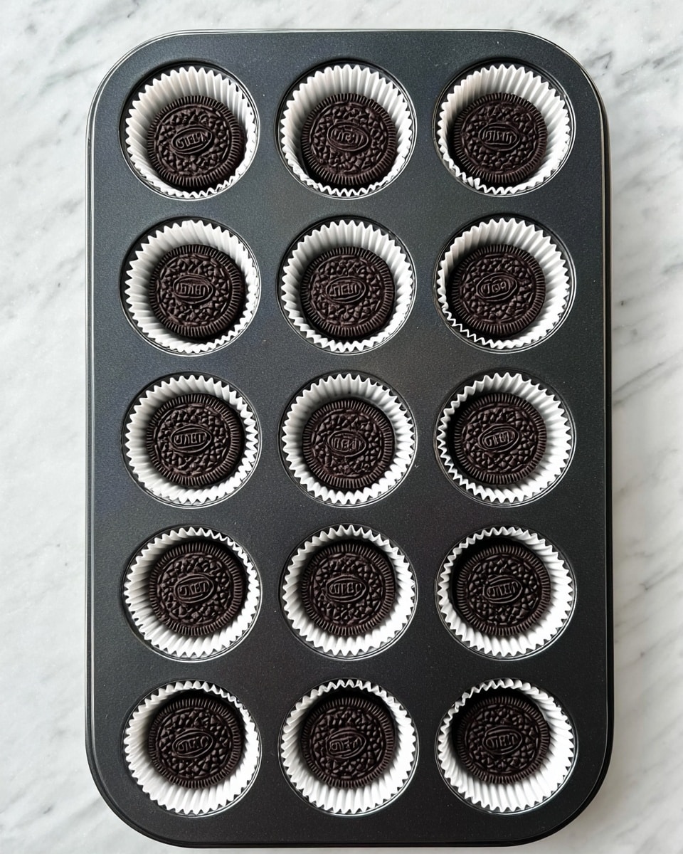A black metal muffin tray holds twelve white paper liners, each with one whole Oreo cookie placed flat at the bottom. The Oreo cookies are dark brown with detailed embossed patterns on top, and the tray is set on a white marbled surface. Photo taken with an iphone --ar 4:5 --v 7