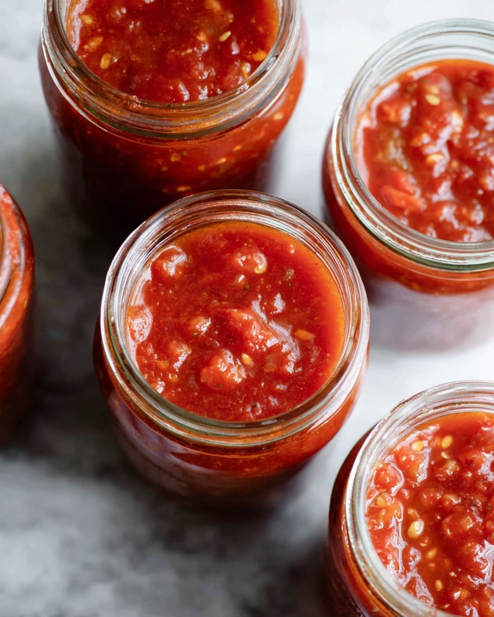 The image shows four glass jars filled with chunky red tomato sauce, each jar is clear and round with visible textured sauce inside containing small pieces of tomato and seeds. The jars are open and placed close to each other on a white marbled surface, showing the deep red and slightly thick consistency of the sauce. The sauce has a mix of smooth and chunky textures, and the jars catch light reflecting on the glass walls and rims, emphasizing their fullness and rich color. Photo taken with an iphone --ar 4:5 --v 7