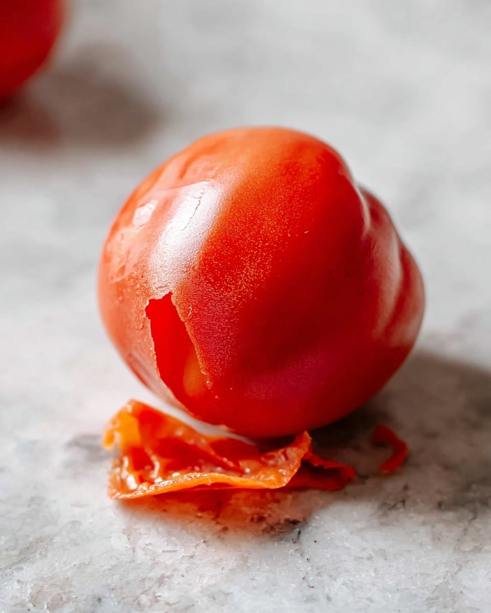 A close-up image shows a single peeled tomato sitting on a white marbled surface. The tomato is vibrant red and smooth with some natural wrinkles and shine on its skin. Around the base of the tomato are a few loose pieces of its bright orange-red skin, curled and placed in a small pile. The background is softly blurred to keep the focus on the tomato and its peeled skin. Photo taken with an iphone --ar 4:5 --v 7