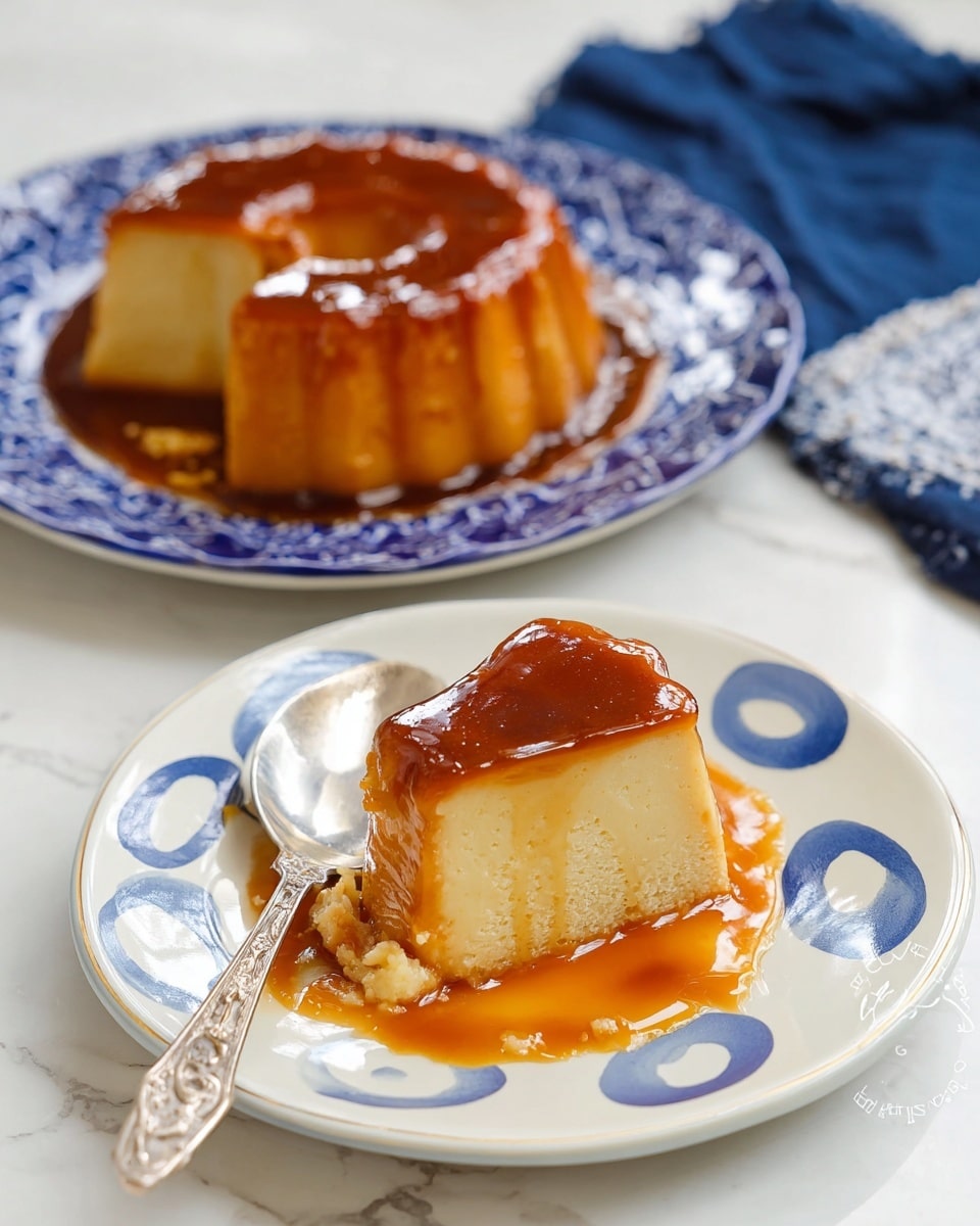 A caramel flan shaped like a ring with scalloped edges sits in a turquoise bowl filled with shiny caramel sauce, showing a smooth golden brown top with a glossy texture. Next to it, a white plate holds a single slice of the flan, showing its creamy light yellow color and topped with caramel sauce, and a vintage silver spoon rests beside the slice with sauce on it. The whole setup is on a white marbled surface with a yellow and white striped cloth partially visible on the side. Photo taken with an iphone --ar 4:5 --v 7