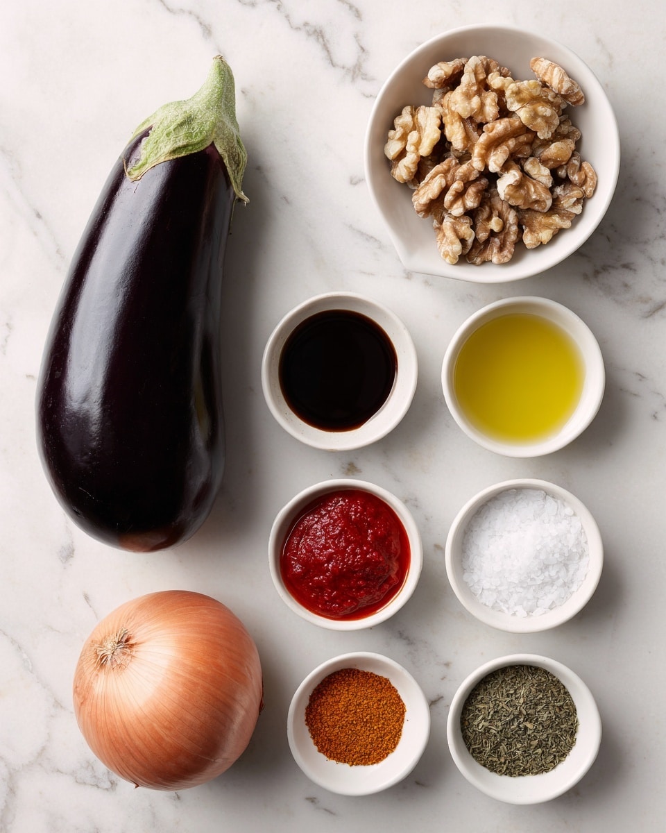 A shiny dark purple eggplant sits on a white marbled surface next to a white bowl filled with light brown walnut halves. Nearby, an orange onion with a papery outer skin rests on the surface. Below these, there are six small white bowls arranged in two rows: the first row has golden olive oil, bright red tomato paste, and dark brown pomegranate molasses; the second row holds white lemon juice, green dried mint, and a mix of black pepper, orange turmeric, and brown advieh spice. Additionally, a white bowl with coarse white salt is also placed beside them. All items are neatly spaced, clearly showing their textures and natural colors. photo taken with an iphone --ar 4:5 --v 7