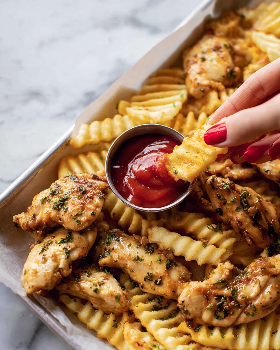The image shows a white tray filled with golden crinkle cut fries spread out as the base layer. On top of the fries, there are several grilled chicken pieces with a light golden-brown color, speckled with small green herbs. In the center, a small metal cup holds bright red ketchup. A woman's hand with red-painted nails is dipping one of the chicken pieces into the ketchup. The whole tray is set on a white marbled surface. photo taken with an iphone --ar 4:5 --v 7