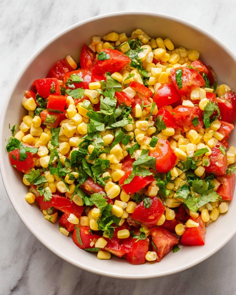 A white bowl filled with a colorful salad featuring three main layers mixed together: bright yellow corn kernels, vibrant red chopped tomatoes, and fresh green cilantro leaves. The corn pieces are plump and shiny, scattered evenly among the chunks of juicy tomatoes that show some soft texture. The cilantro leaves add small pops of green all over the mix. The bowl sits on a white marbled surface, creating a clean and fresh look. photo taken with an iphone --ar 4:5 --v 7