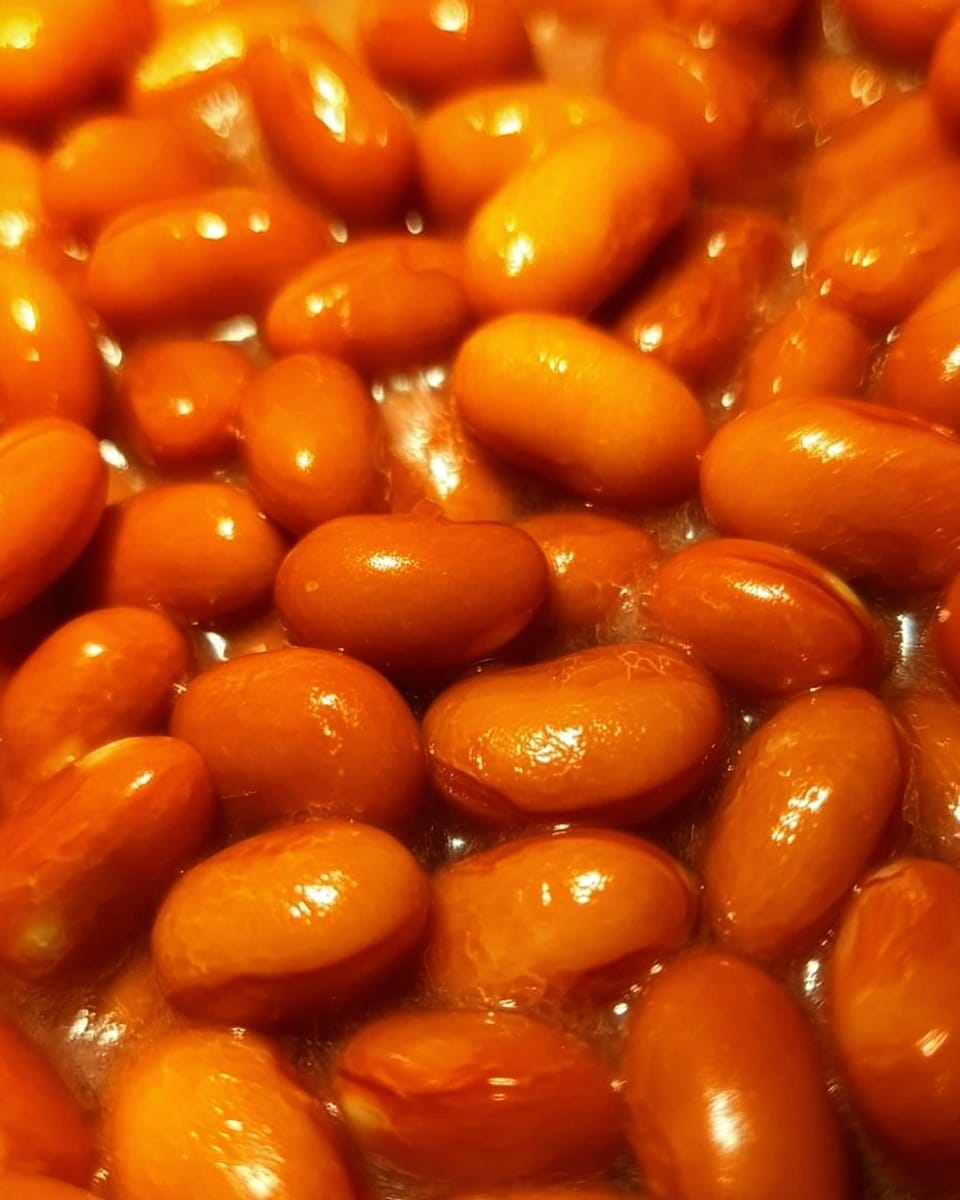 The image shows a close-up view of many small, shiny, orange beans filling the entire frame. The beans have a smooth, wet texture and are tightly packed together with subtle variations in color from light to darker orange. The background is not visible, focusing only on the beans themselves, giving a rich, warm look overall. photo taken with an iphone --ar 4:5 --v 7