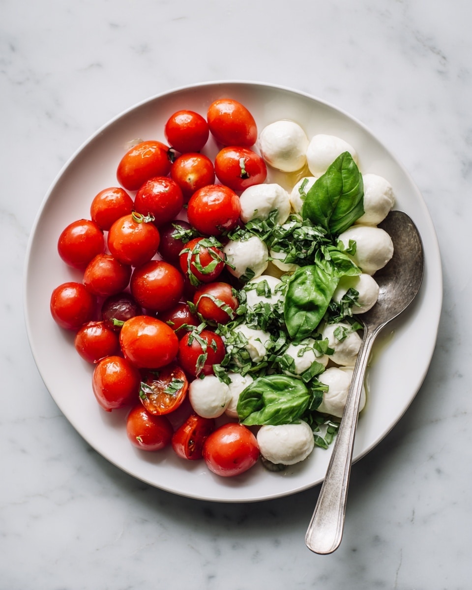 The image shows a white bowl filled with small white mozzarella balls, sprinkled with thin green basil strips and sitting in a light golden olive oil with some black pepper and salt. Above the bowl, there are six small glass bowls and dishes arranged neatly on a white marbled surface. The first contains bright red cherry tomatoes, the second and third have light golden-yellow and clear liquids, the fourth holds green basil strips, and the last two small white dishes have black pepper and salt. The scene is clean and bright with a simple and fresh look. photo taken with an iphone --ar 4:5 --v 7