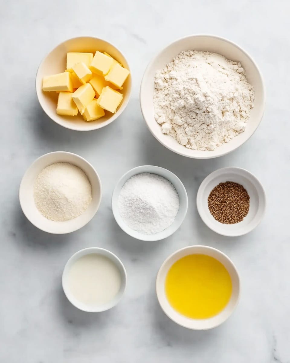 The image shows seven small white bowls arranged on a white marbled surface, each holding a different ingredient. The top left bowl contains yellow butter cubes, the large center bowl holds white flour, and the top right bowl has white salt. Below the butter, a small bowl has white baking powder, next to it a small bowl has a white liquid, possibly buttermilk, and to its right another small bowl holds brown cumin seeds. The bottom right bowl contains melted yellow butter or oil. The bowls are neatly spaced, and the overall scene is bright and clean. Photo taken with an iphone --ar 4:5 --v 7