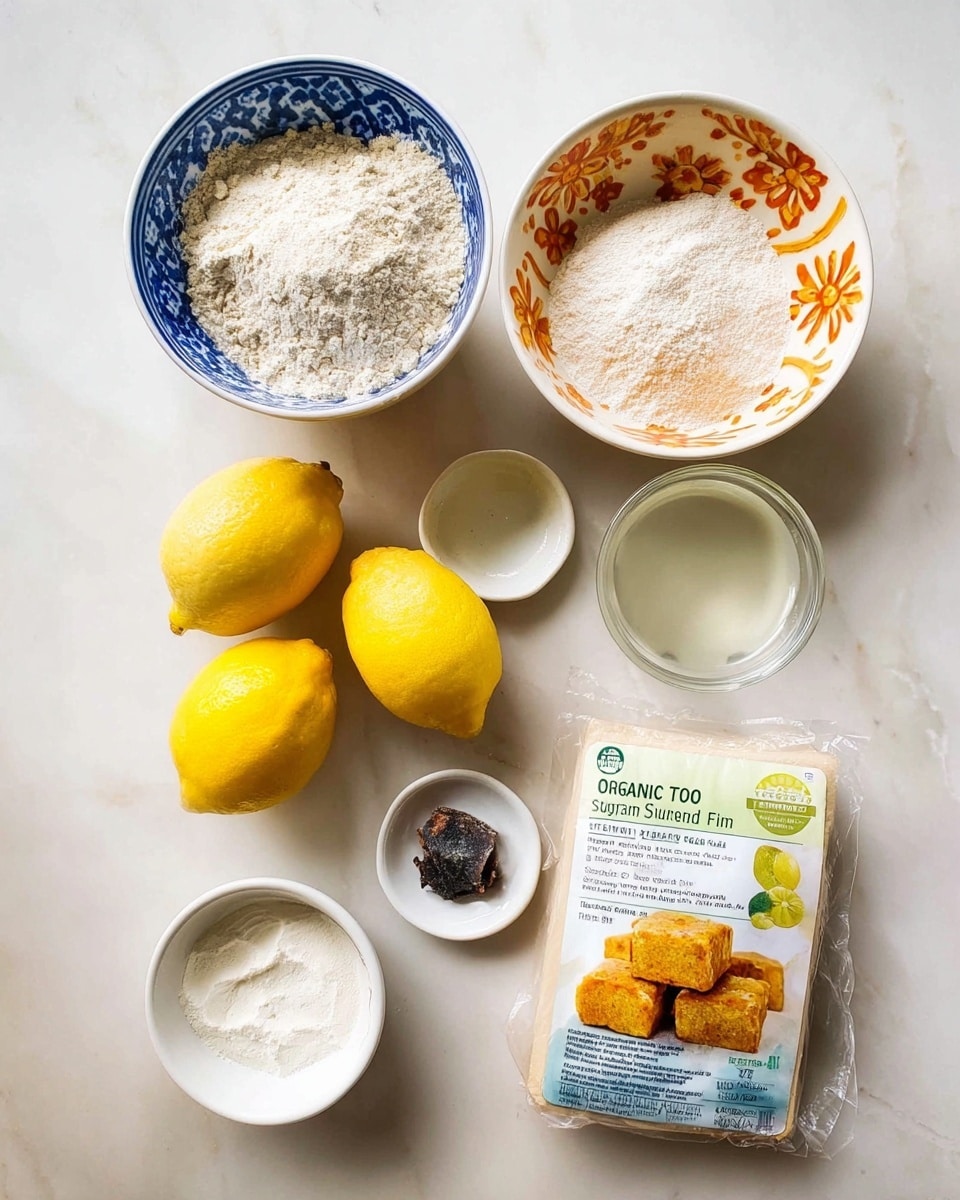 The image shows an arrangement of ingredients on a white marbled surface. At the top left, there is a white bowl with blue patterns filled with a light powder, probably flour. Next to it on the right is another white bowl with orange floral patterns, empty or with a very light content. Below these bowls are three bright yellow lemons placed close together. To the right of the lemons is a small white bowl with clear liquid. Near this is a tiny white dish holding a small dark brown piece of dried food, and next to it is another small white bowl filled with a white creamy substance. At the bottom left, there is a plain white bowl filled with white flour. Finally, to the bottom right, a clear plastic package labeled