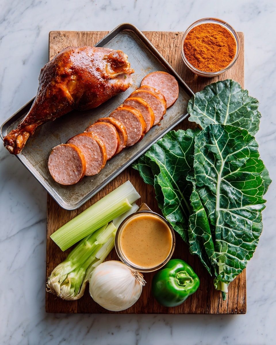 A wooden cutting board with several fresh ingredients arranged on a white marbled surface. On the left, a metal tray holds a whole smoked turkey leg that is brown and shiny, along with several thick slices of sausage showing a pinkish interior and orange skin. Above the tray, there is a clear small bowl filled with bright orange-red Cajun seasoning powder. To the right of the tray, there is a small clear measuring cup filled with light brown broth. On the top right, a cluster of green celery stalks lies next to a round light brown onion, a bulb of white garlic, and a green bell pepper, all labeled as veggies. On the bottom right, there is a bunch of dark green collard greens with large leaves, some edges slightly wrinkled. The whole scene is well lit, with the colors of the ingredients standing out against the neutral white marbled background. photo taken with an iphone --ar 4:5 --v 7