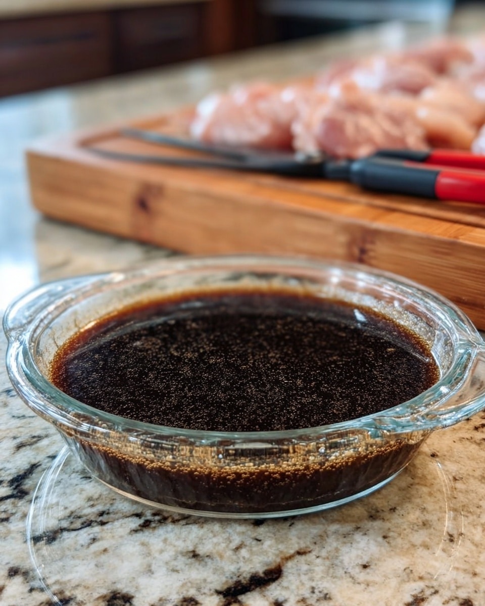 A clear glass pie dish filled with a dark brown liquid sauce, glossy with small bubbles on the surface, placed on a white marbled countertop. In the background, there is a wooden board with pieces of raw light pink meat, and a pair of red and black scissors is resting on the board. Photo taken with an iphone --ar 4:5 --v 7
