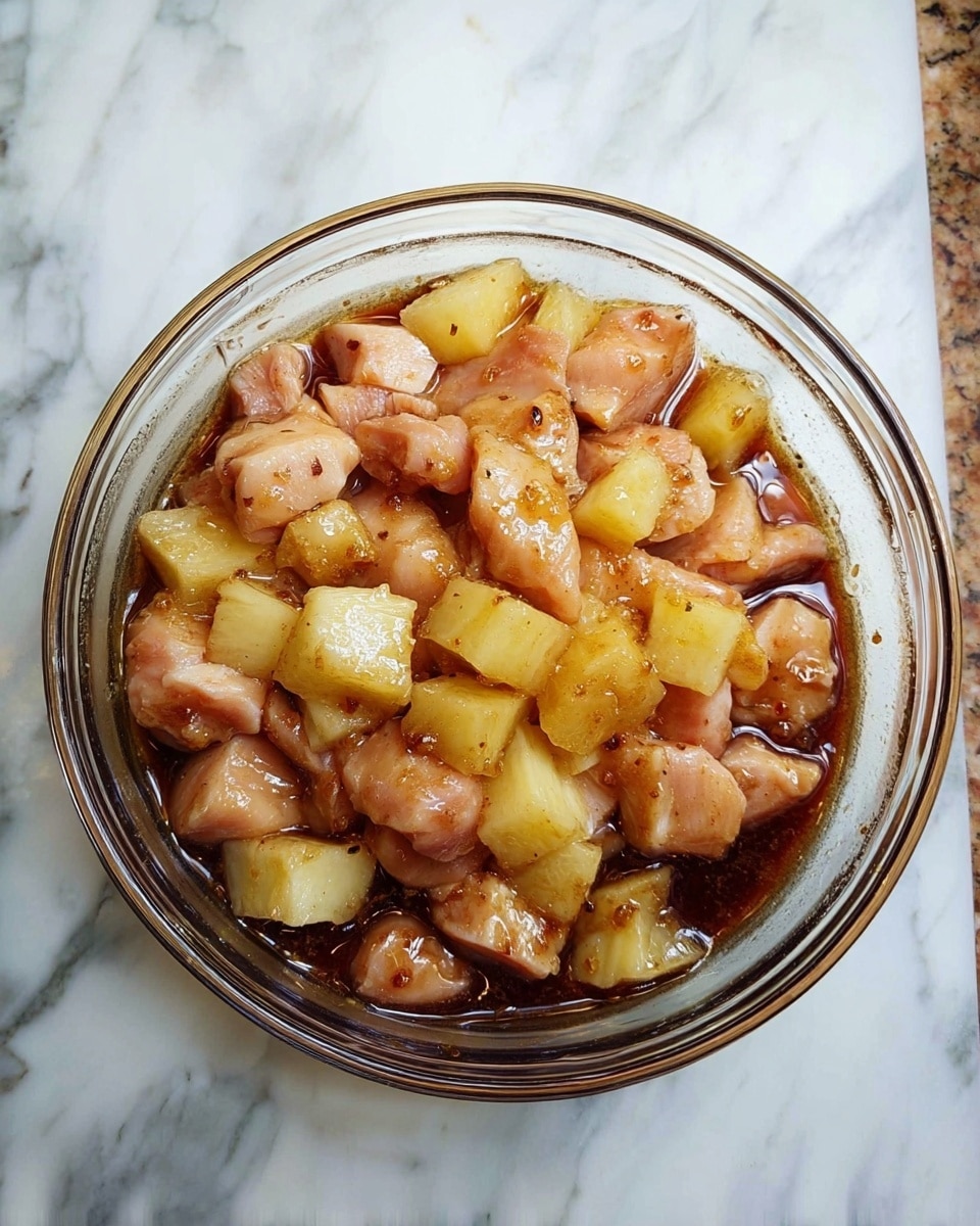 A clear glass bowl filled with raw light pink chicken pieces mixed with yellow chunks of pineapple, all sitting in dark brown sauce with a glossy texture. The bowl is placed on a white marbled surface, and the chicken pieces and pineapple are spread evenly within the bowl, creating layers of soft pink and bright yellow colors covered by the dark sauce. Photo taken with an iphone --ar 4:5 --v 7